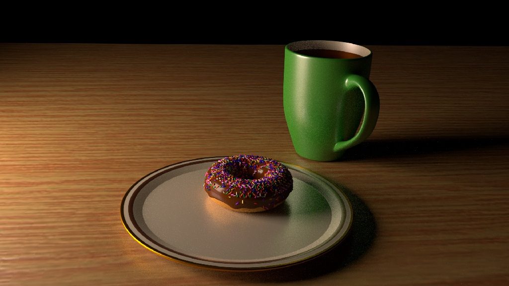 Rendered image of a donut on a plate on a table next to a cup of coffee